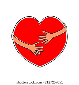 Hands hugging a heart Embracing heart isolated on white background. Heart with hands. 
