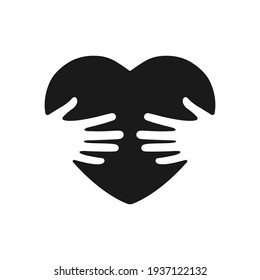 Hands hugging heart vector illustration. Embracing concept. Voluntary symbol black silhouette. World heart Day. Vector isolated on white background.