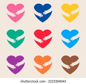 Hands hugging  hearts. Hugs and support child, protection care concept. Colorful vector illustration
