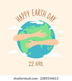 Hands hugging planet Earth. Happy Earth Day greeting card. Flat vector illustration