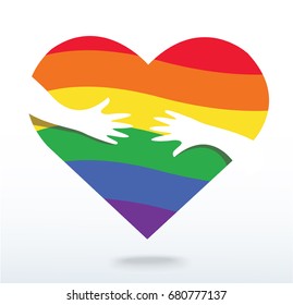 hands hugging the rainbow flag heart vector, concept of love and care