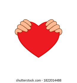 hands hugging a red heart. Symbol of care and support, Health care Vector illustration isolated on white background.