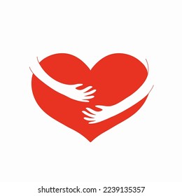 hands hugging red heart vector illustration icon isolated on white background, medical care or love concept   