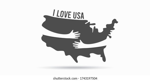 Hands hugs USA map. I love america. Vector illustration