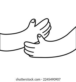 Hands hugs vector illustration in outline, line art style isolated on white background