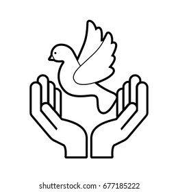 hands human with cute dove flying icon