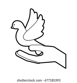 hands human with cute dove flying icon