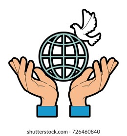hands human with dove of peace and planet