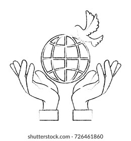 hands human with dove of peace and planet