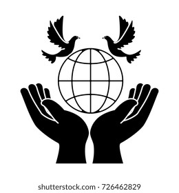 hands human with dove of peace and planet