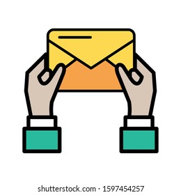 hands human with envelope mail postal service vector illustration design