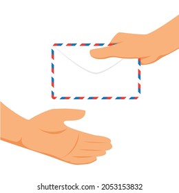 Hands human with envelope mail postal service. Postman gives a letter