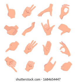 Hands human gestures set. Different human finger gesture signs collection isolated vector illustration.