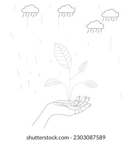 mano humana sosteniendo el globo terrestre con árbol, sol, nube de lluvia, línea o doodle, dibujando mano en blanco y negro, la ecología del planeta de la Tierra del concepto del día del medio ambiente mundial. Esbozar imagen
