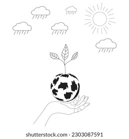 hands human holding the earth globe with tree, sun, rain cloud, line or doodle, hand drawing black and white, earth planet ecology of world environment day concept. Sketch image