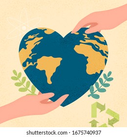 Hands human holding earth planet with heart shape.Earth day and World environment day concept of ecology sustainable.Vector illustration. 