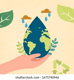 Hands human holding earth planet with water drop shape.World water day and World environment day concept of ecology sustainable.Vector illustration.