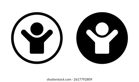 Hands up human icon on black circle. Support, participation, and positive expression sign symbol