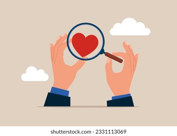 Hands human with magnifying glass and investigate shape of heart.  Love, instinct and romance concept. Flat vector illustration.