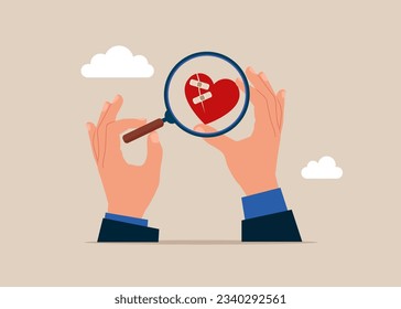 Hands human with magnifying glass and investigate bandage repaired heart shape. Forget and forgive, open for new relationship. Vector illustration