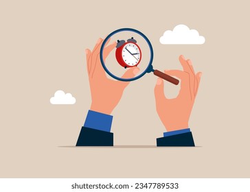 Hands human with magnifying glass and investigate watch. Open time. Success long term investment. Work deadline or time management. Vector illustration