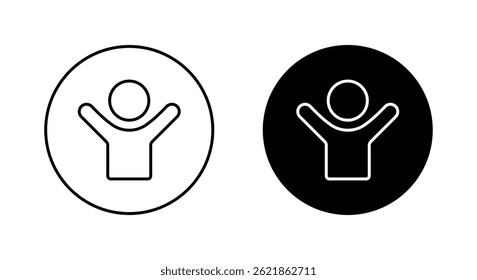 Hands up human outline icon on circle line. Support, participation, and positive expression sign symbol