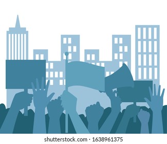 hands human up protesting with banners and megaphone vector illustration design