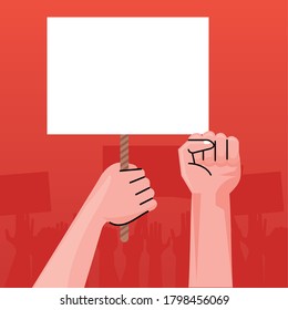 hands human protesting lifting banner empty in red background vector illustration design