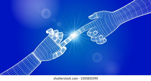 Hands of human and robot  touching. Cyborg to touch human finger. People and 
artificial intelligence. Science and technology concept. Vector Illustration.
