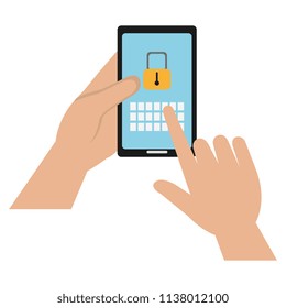 hands human with smartphone and padlock