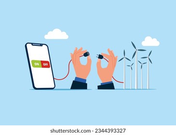 Hands human unplugging the smartphone and being offline. Vector illustration