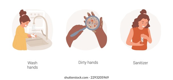 Hands hygiene isolated cartoon vector illustration set. Smiling kid washes hands with soap, kid watching palm through magnifying glass, woman using antibacterial sanitize, hygiene vector cartoon.