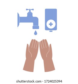 hands and hygiene products, water tap and liquid soap, sanitizer or antibacterial antiseptic gel. Isolated vector illustration