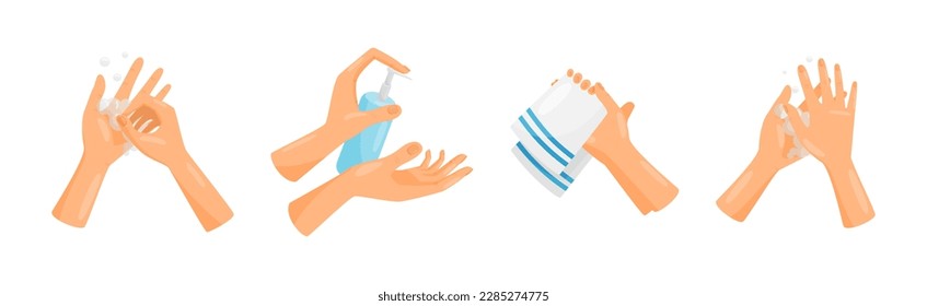 Hands Hygiene with Washing and Rubbing with Soap Vector Set