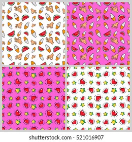 Hands, Ice Cream, Hearts, Stars and Watermelon Seamless Pattern Set. Vector Fashion Backgrounds in Retro Comic Style