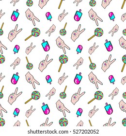 Hands and Ice Cream Seamless Pattern. Fashion Background in Retro Comic Style. Vector illustration