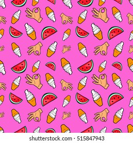 Hands Ice Cream and Watermelon Seamless Pattern. Vector Background in Retro Comic Style