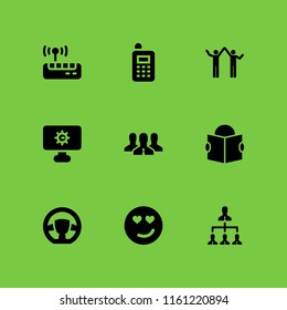hands icon. 9 hands set with shapes and symbols, team, cell and wifi vector icons for web and mobile app