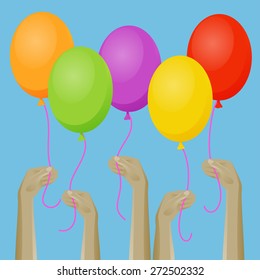Up hands icon with balloons.  Vector illustration for posters, banners and greeting card