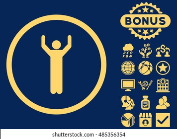 Hands Up icon with bonus design elements. Vector illustration style is flat iconic symbols, yellow color, blue background.