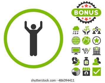 Hands Up icon with bonus elements. Vector illustration style is flat iconic bicolor symbols, eco green and gray colors, white background.