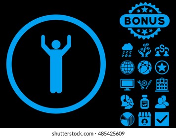 Hands Up icon with bonus images. Vector illustration style is flat iconic symbols, blue color, black background.