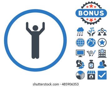 Hands Up icon with bonus images. Vector illustration style is flat iconic bicolor symbols, smooth blue colors, white background.