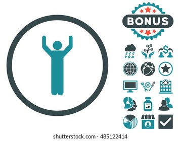 Hands Up icon with bonus symbols. Vector illustration style is flat iconic bicolor symbols, soft blue colors, white background.