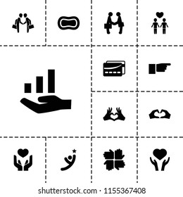 Hands icon. collection of 13 hands filled icons such as heart on hand, heart tag, card, graph on hand, winner, soap, pointing. editable hands icons for web and mobile.