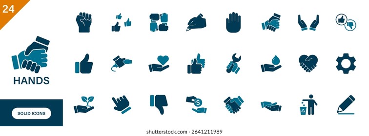 Hands icon. Containing help, handshake, thumbs up, ev charging plug, gesture, teamwork. Solid vector icons collection.