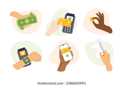 Hands icon with different stuff and gestures. Contactless payment by phone or smart watch. Mobile online banking app and electronic wallet. Hand holds credit card near the pos terminal to pay.