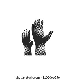 Hands icon in halftone style. Black and white monochrome vector illustration.