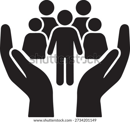 Hands icon holding multiple people symbolizing care for community and society silhouette