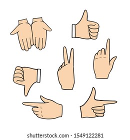 Hands icon. Like and dislike icons set. Thumbs up and thumbs down. Vector illustration. Hand drawn